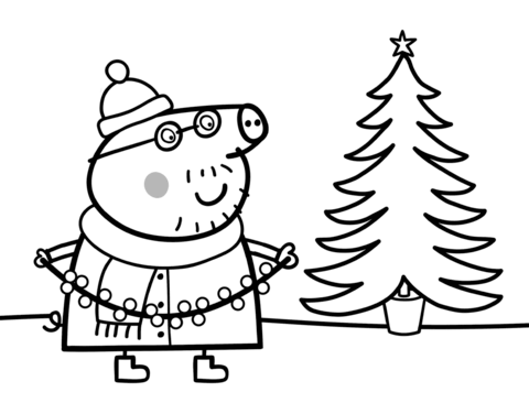 Coloring page daddy pig decorates the Christmas tree